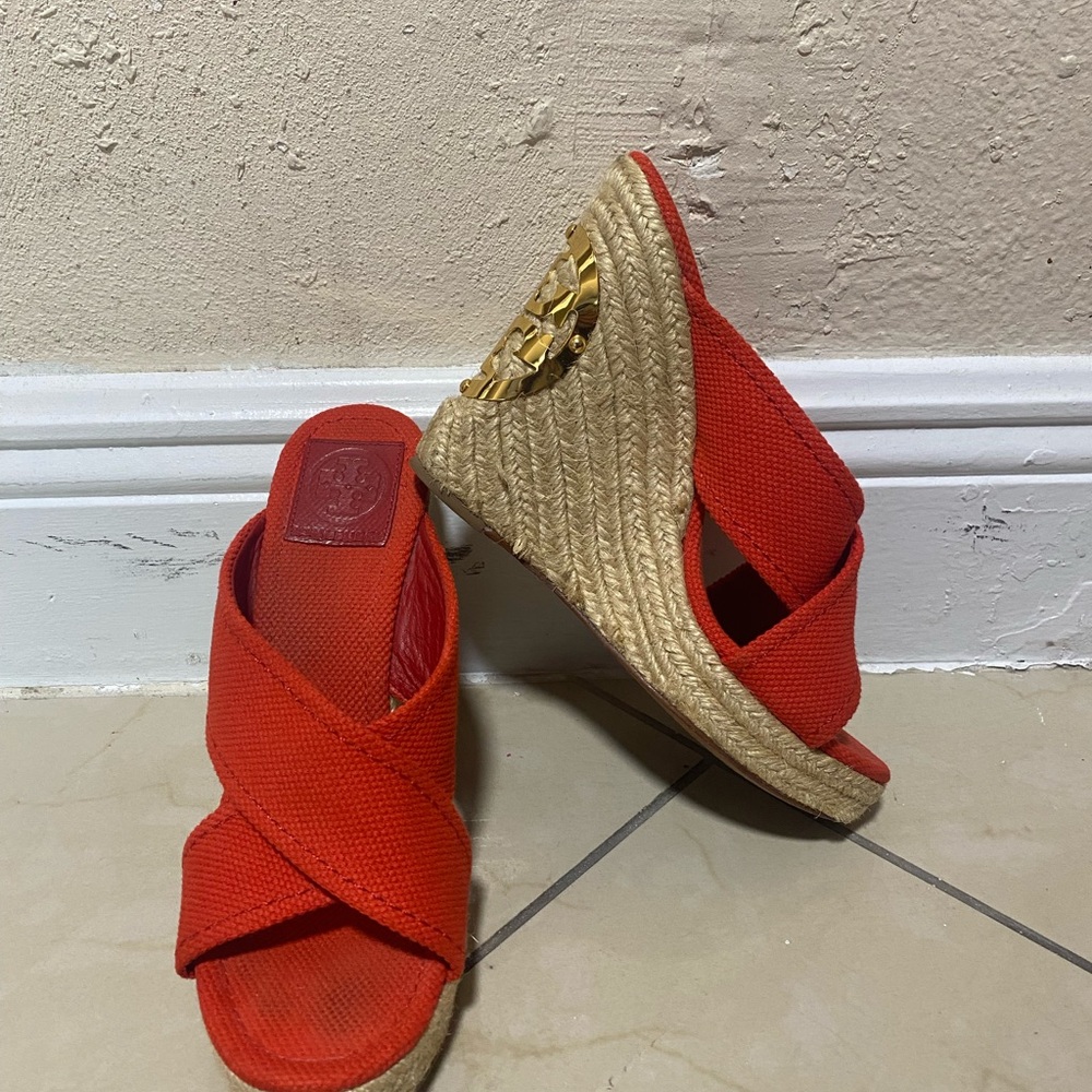 Tory Burch Red and Gold Wedge Sandals